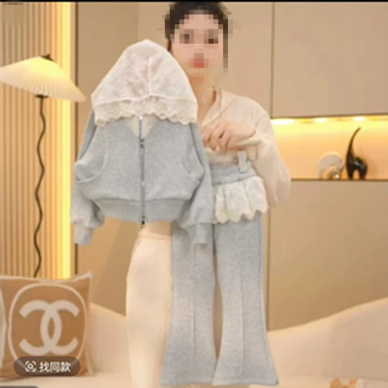 女童蕾丝连帽外套花边阔腿裤套装2025春秋卫衣开衫运动卫裤两件套