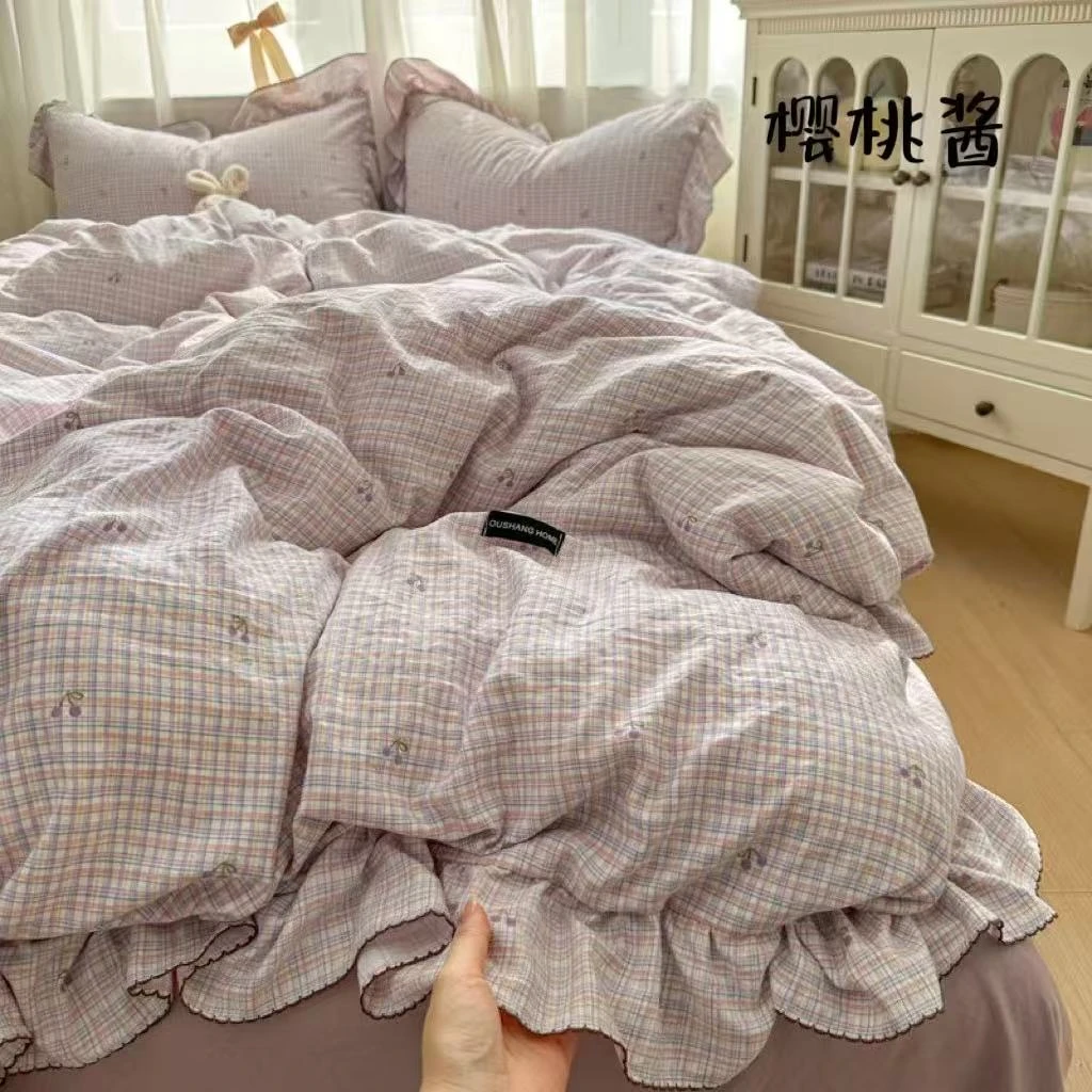 法式花边款韩版四件套床品双层蕾丝花边四件套被罩少女心休闲风