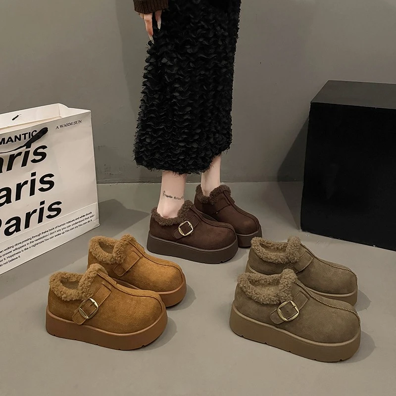 加绒勃肯鞋女2025新款厚底增高保暖皮带扣毛毛鞋冬季一脚蹬棉鞋子
