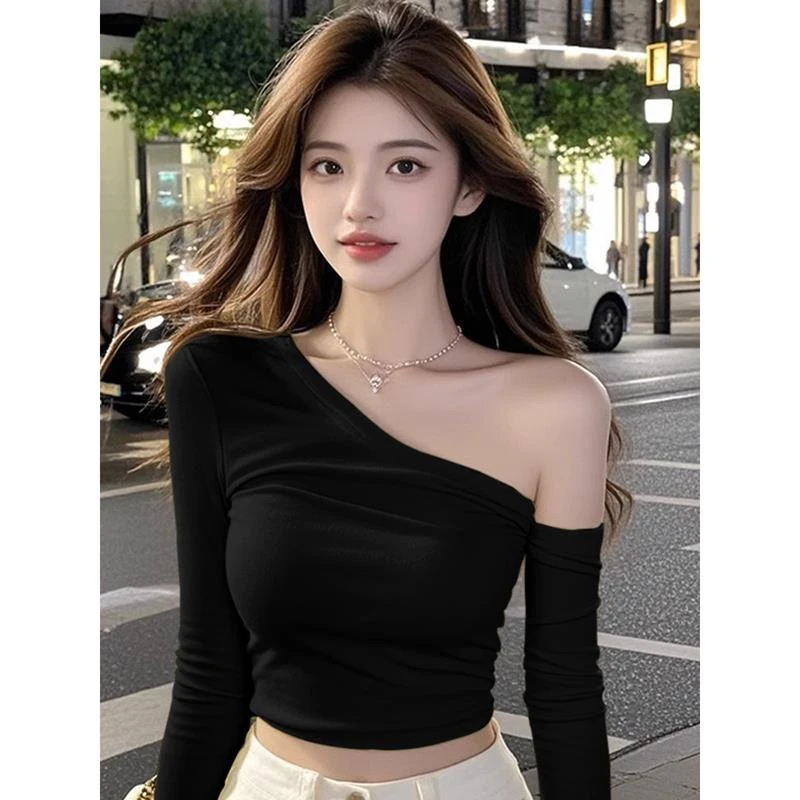 纯欲风性感斜肩长袖T恤女春秋新款短款上衣潮修身显瘦内搭打底衫