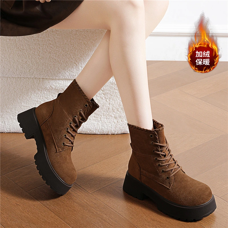 复古磨砂皮厚底马丁靴女2025年新款大头勃肯短靴英伦风增高工装靴