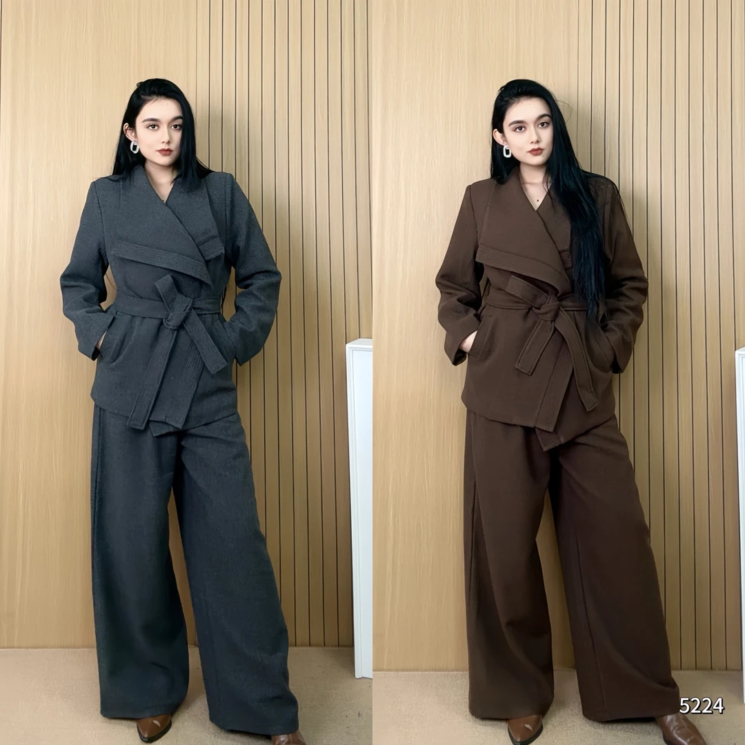 韩美套装裤女高级感系带翻领风衣复古高腰后松紧阔腿裤YF5224