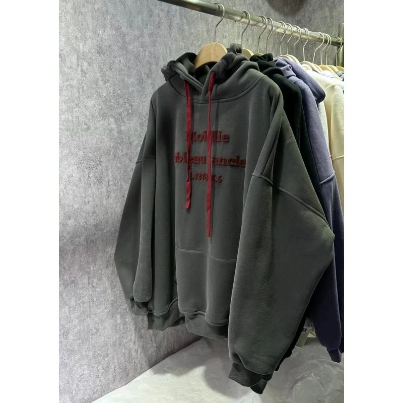 胖mm300斤韩系连帽重工牙刷刺绣撞色字母慵懒风oversize连帽卫衣