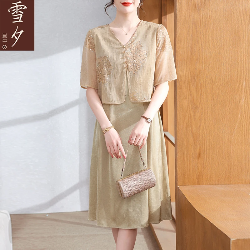 妈妈夏装假两件绣花连衣裙2025新款母亲节气质遮肚裙子中老年女装