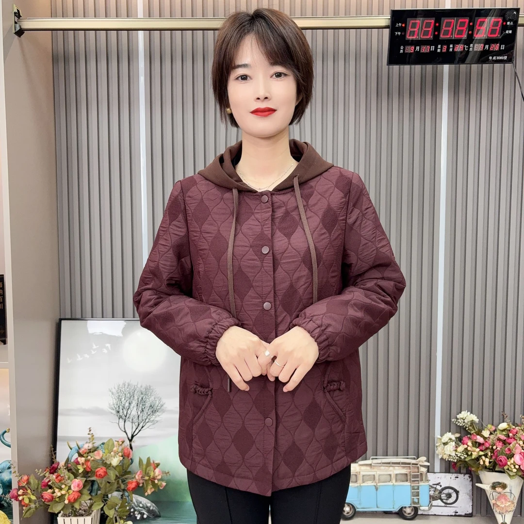 523-妈妈装中老年女装优雅女人秋季菱格纹连帽休闲外套时尚减龄
