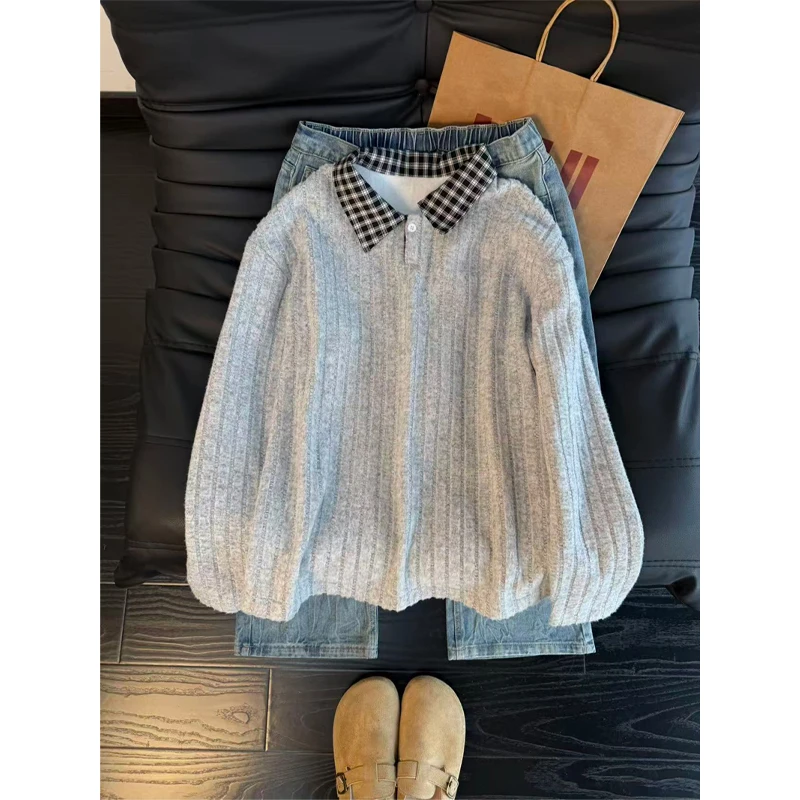 美式条纹Polo衫长袖t恤男款秋冬格子翻领加绒卫衣情侣内搭打底衫