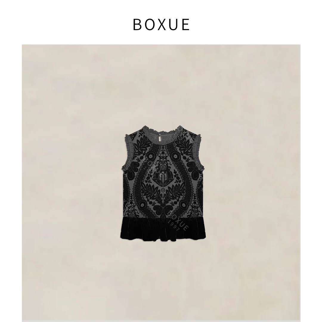BOXUE”清冷”2025夏款高级植绒拼接蕾丝轻奢 T恤#250619T2987