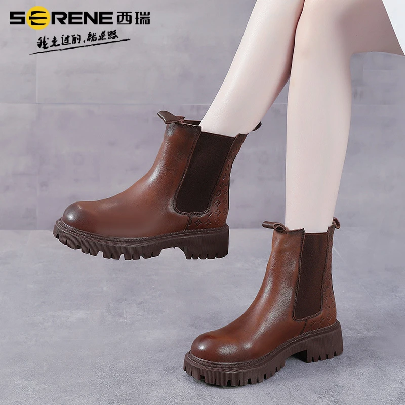 西瑞女鞋马丁靴厚底英伦风冬季时尚百搭复古圆头女靴冬季新牛皮新