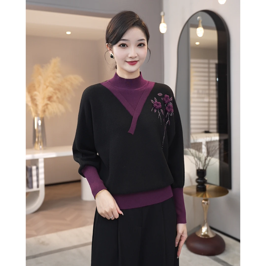 2026秋冬新款【ZM-1022PY】含绵羊毛宽松假两件拼接紫色针织衫毛