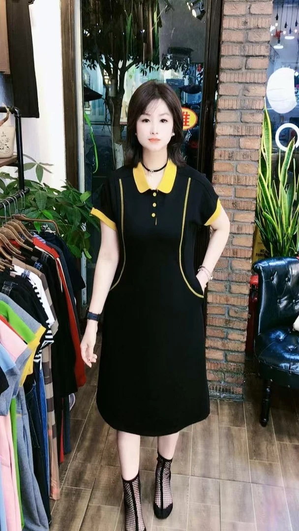 【太阳花】拼接夏季半开领连衣裙2025新款气质显瘦直筒时尚裙子