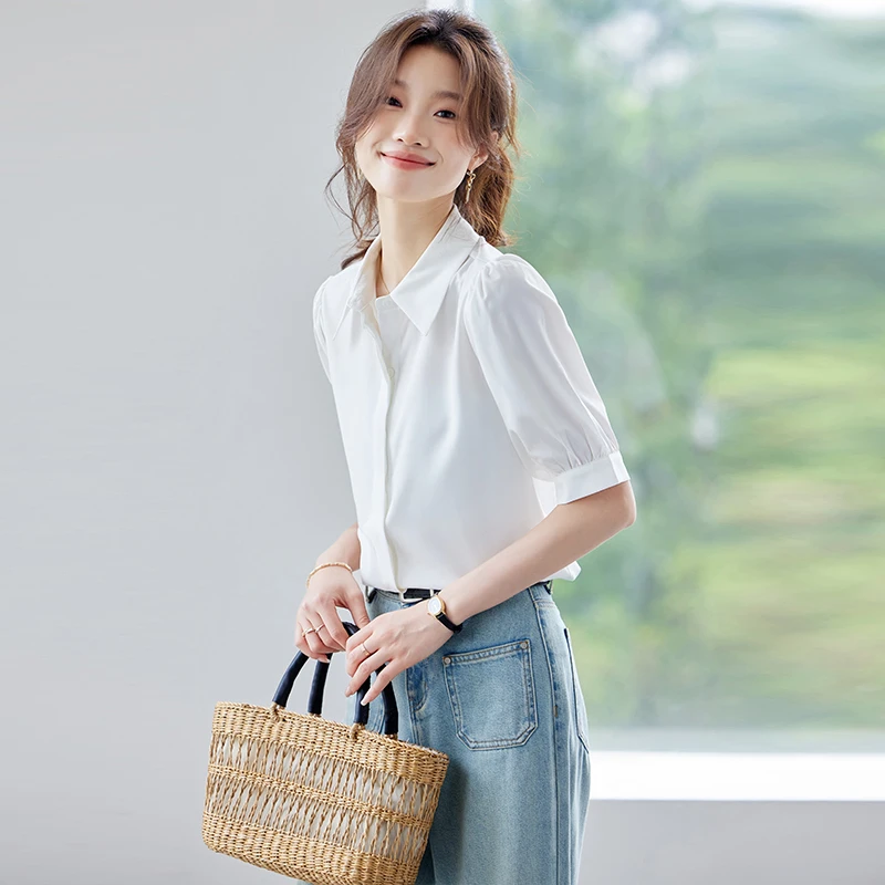 白色衬衫女2025新款法式设计感休闲百搭通勤纯色薄款夏衬衣Q9899