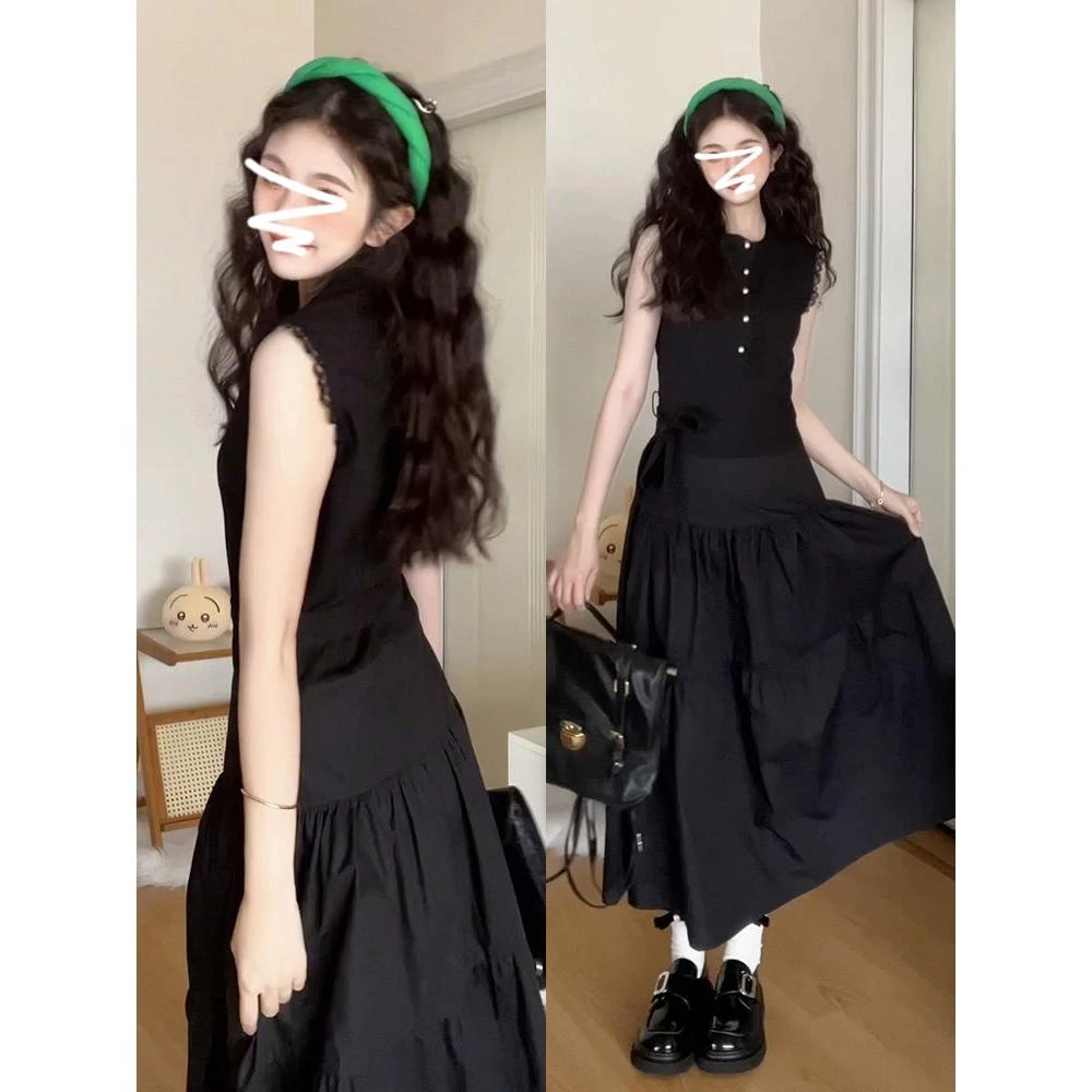 2092~黑色无袖连衣裙子2024新款女收腰气质小黑裙高级感背心长裙