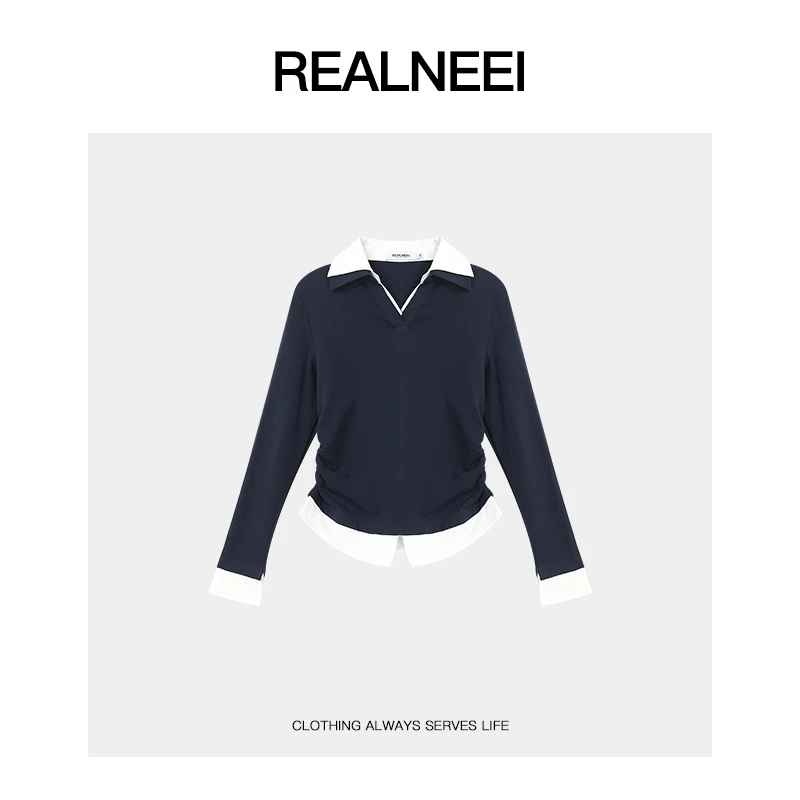 REALNEEI【白昼月夜】双层领设计撞色拼接极简假两件上衣01365