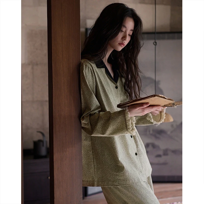 2025年睡衣女士春秋季长袖长裤睡衣套装秋冬复古条纹可外穿家居服