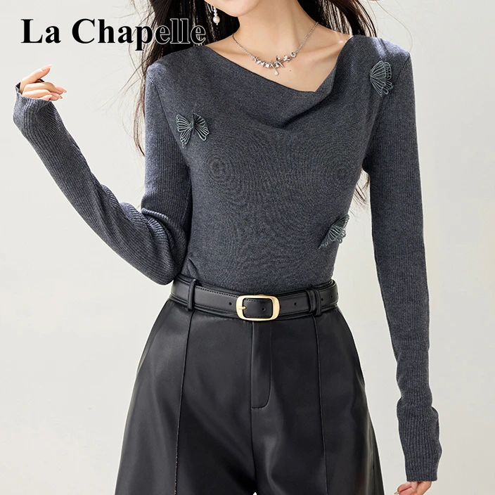 拉夏贝尔秋季新款时尚荡领长袖针织衫上衣小众女装独特漂亮小衫潮