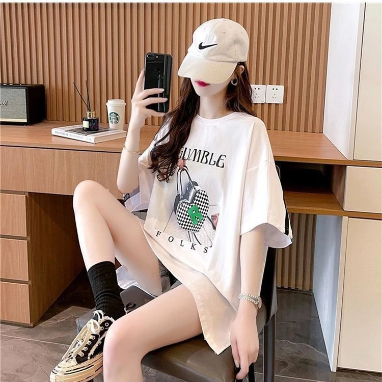 纯棉中长款短袖洋气欧货大版t恤女宽松潮后背设计感两侧开叉上衣