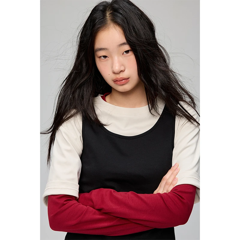 TDDP“胶囊叠穿”50支精梳棉 真三件长袖T恤女叠穿背心短袖上衣