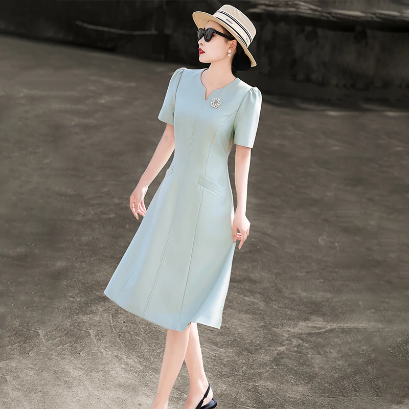 MEXCOCO/兰瑟儿20225夏季优雅通勤修身短袖V领连衣裙105XL2567