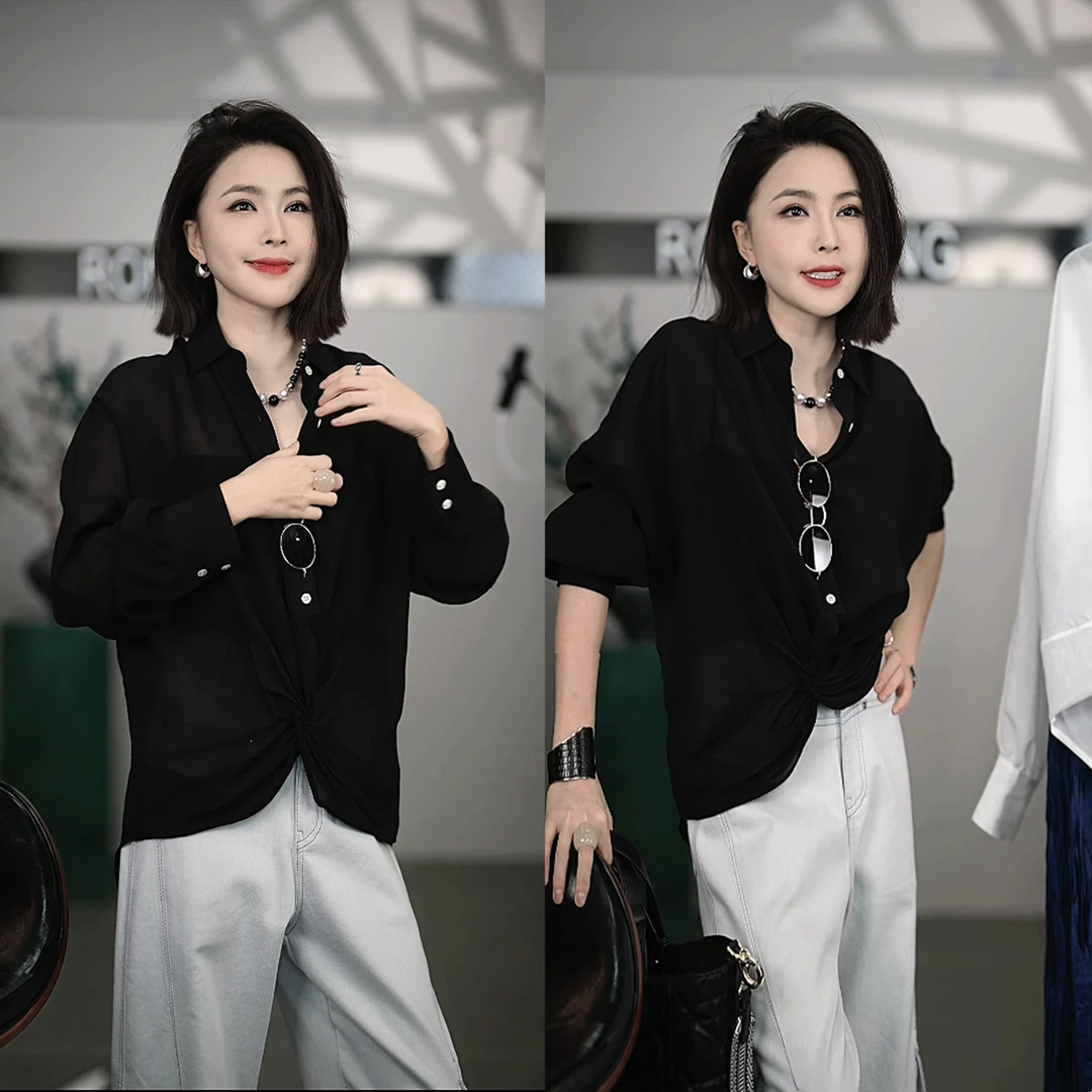 溶溶【优雅新贵】RONGRONG 法式休闲风抽褶扭结收腰小众衬衫1992