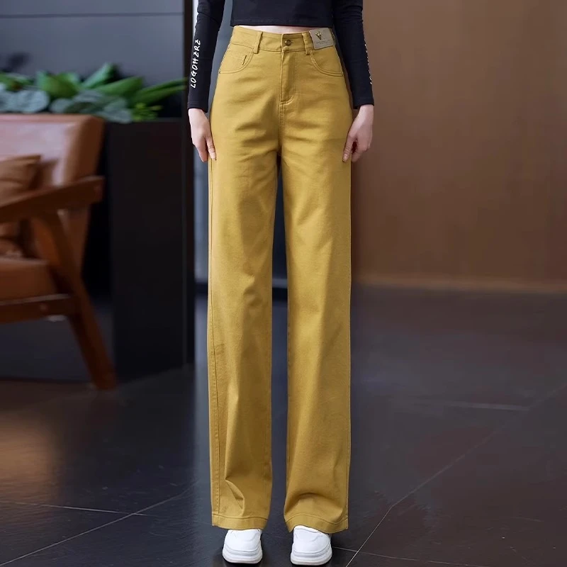 黄色纯棉软牛仔直筒裤女春秋2025新款女裤高腰宽松窄版休闲阔腿裤