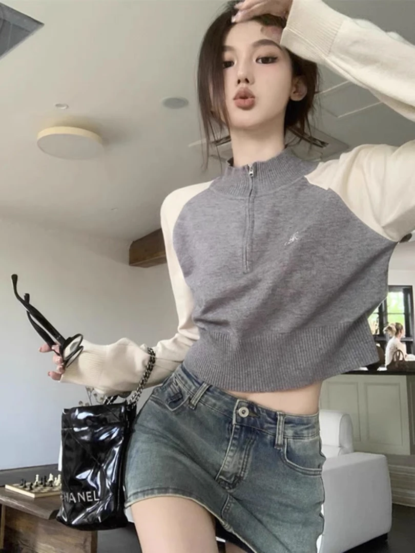美式立领撞色长袖卫衣外套女秋季2025新款短款辣妹设计感针织上衣