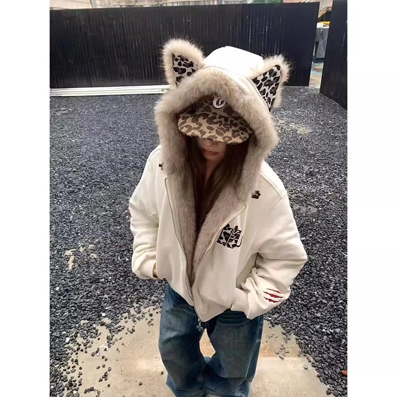美式复古小恶魔豹纹贴布毛领夹棉加厚保暖加厚宽松座山雕百搭外套