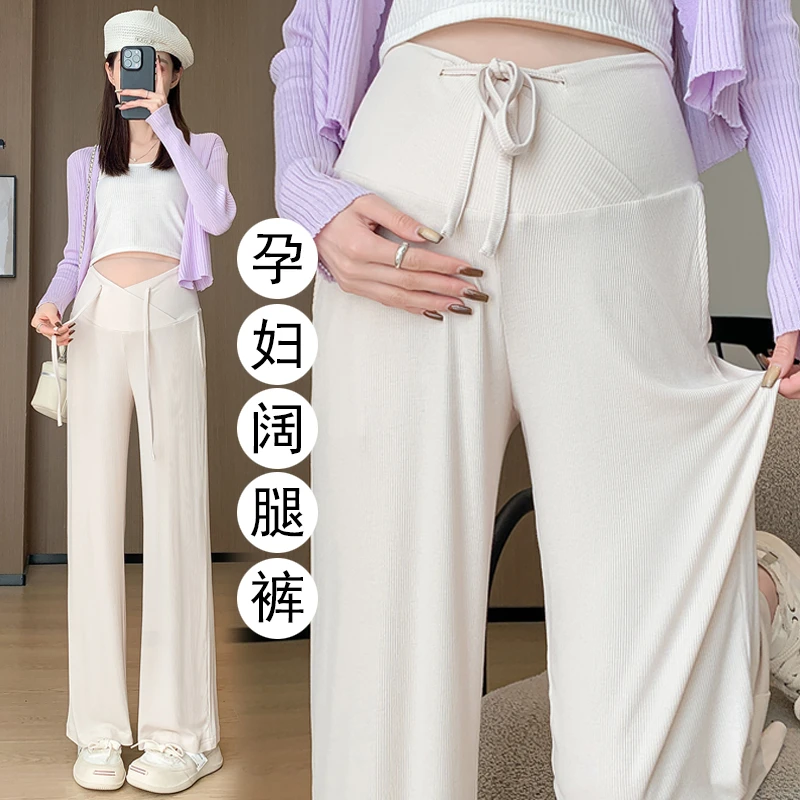 孕妇春装时尚外穿直筒阔腿裤长裤低腰薄款抽绳休闲裤孕妇春秋裤