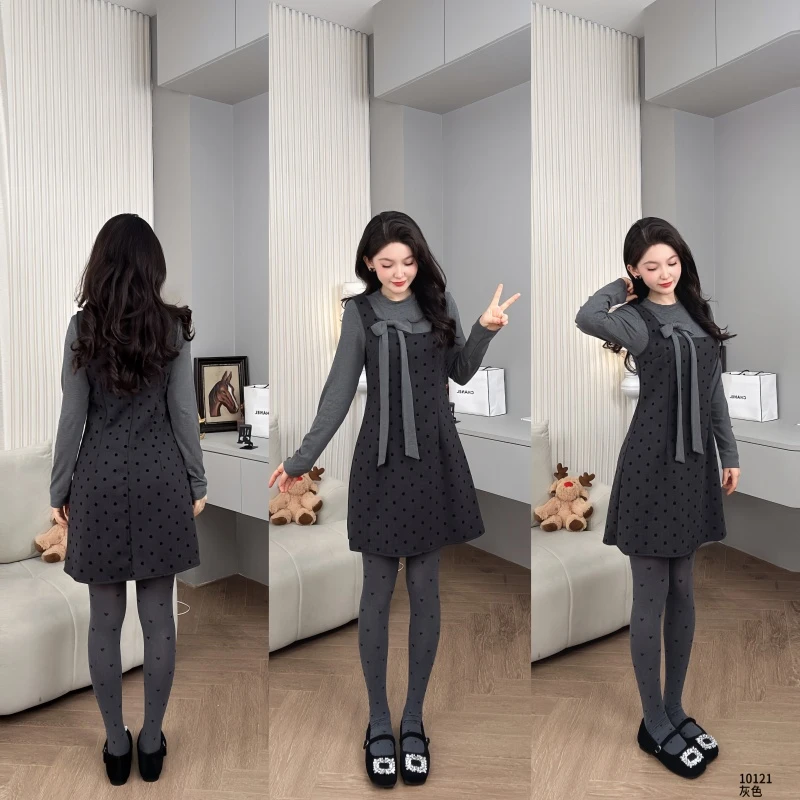 Saeda品牌女装减龄秋冬甜美少女灰色波点蝴蝶结背带裙套装YF10121