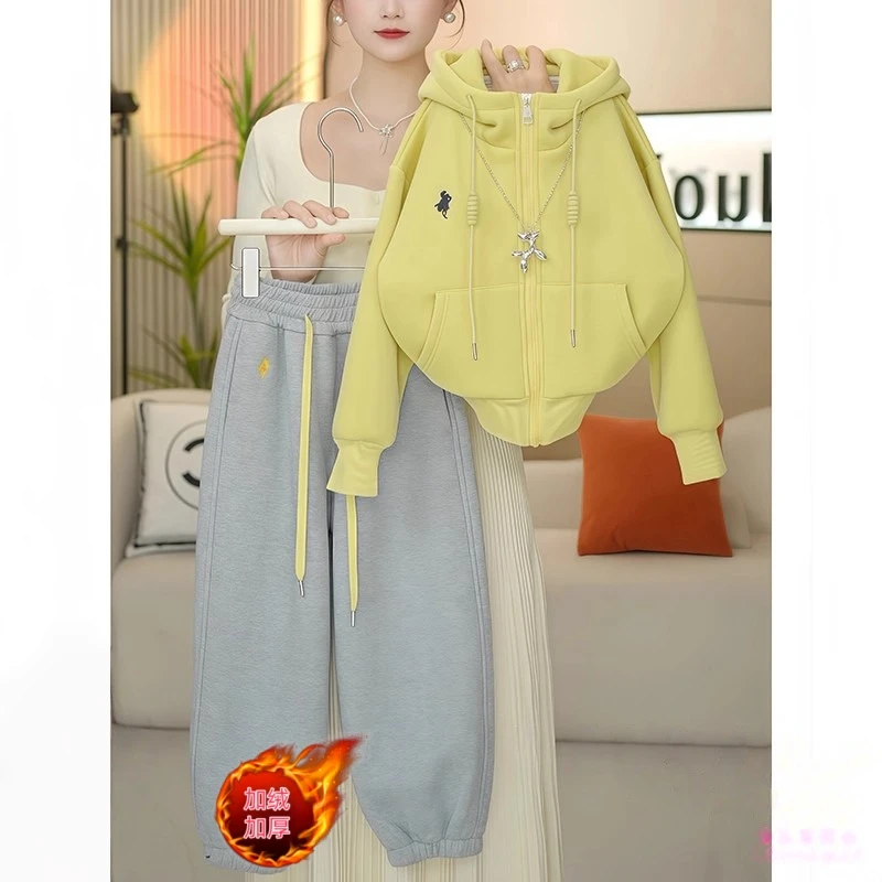 女童加绒运动套装2025秋冬加厚一体绒刺绣连帽外套卫衣卫裤两件套