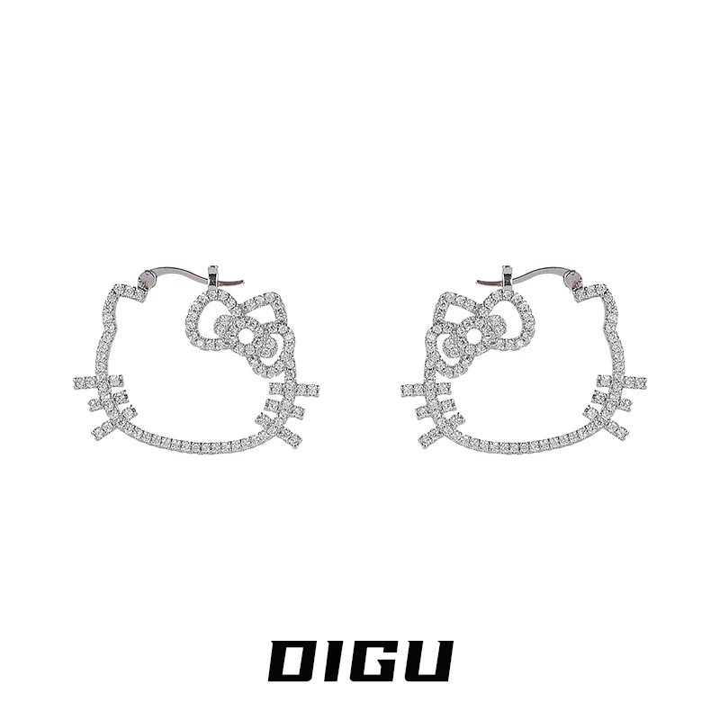 嘀咕家 铜合金合成锆石耳饰 甜美小猫耳扣镶钻猫咪耳环耳圈耳饰