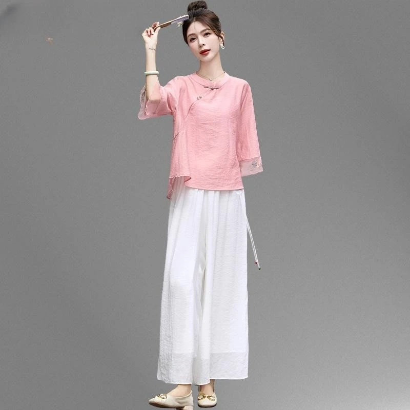 中国风时尚清冷麻套装女2025夏季新款大码宽松阔腿裤新中式两件套