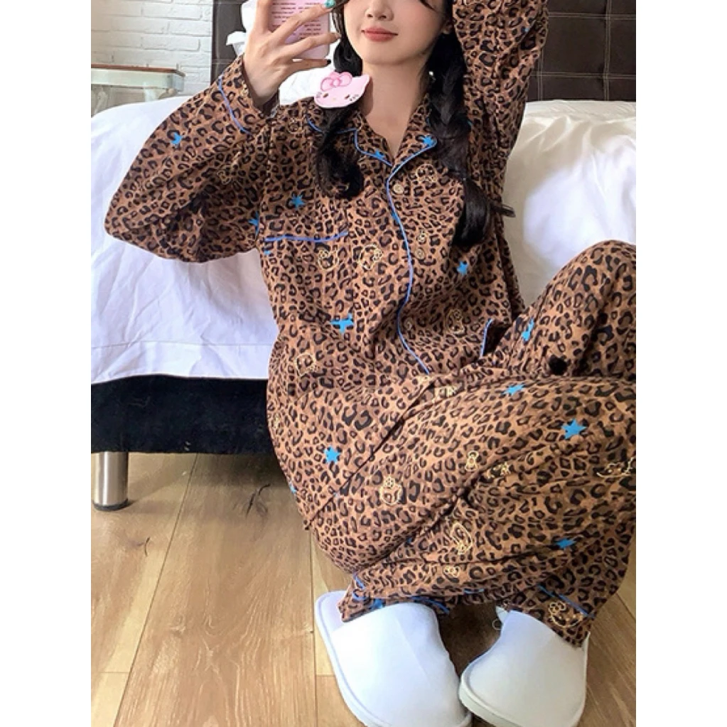 2025新款睡衣女春秋季豹纹星星长袖长裤高级感可外穿家居服ins