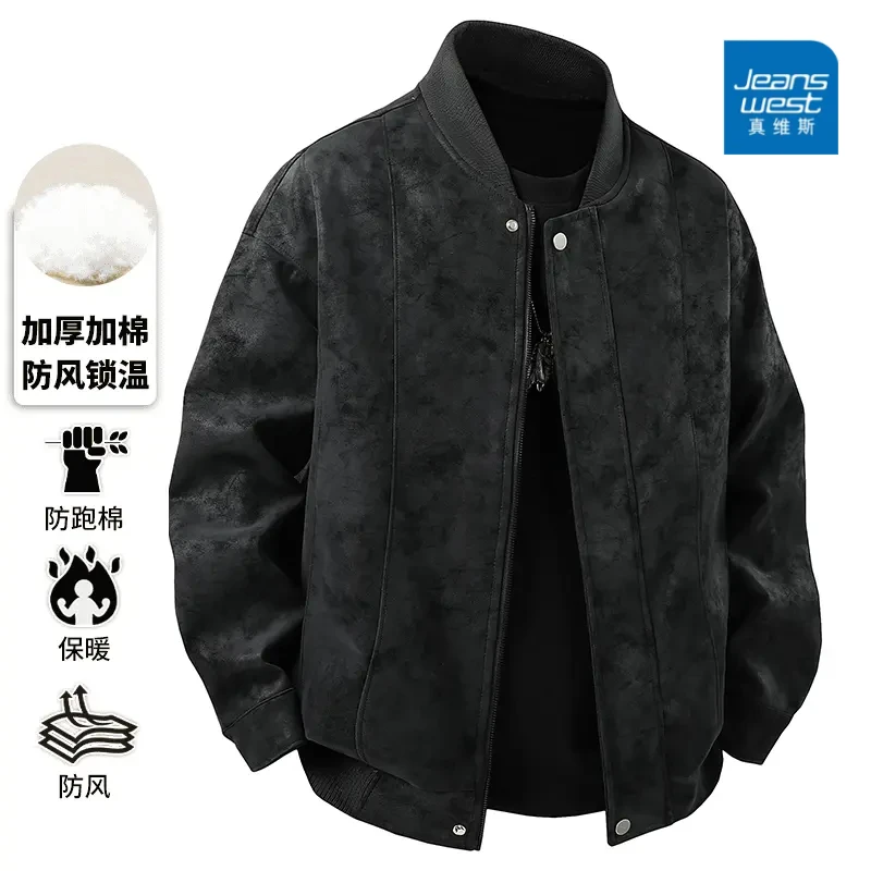真维斯御寒加棉皮衣夹克棉衣外套潮牌百搭棒球领男士加厚保暖棉服