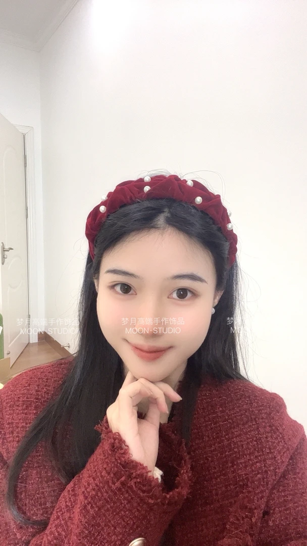 [梦月] 新年新款植绒珍珠五花皱发箍宽边简约时尚发饰百搭气质