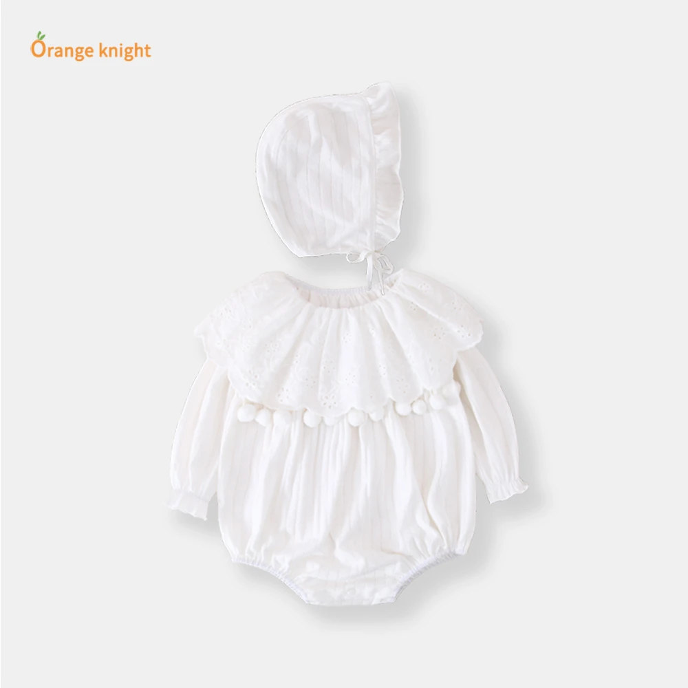 小萌宝哈衣周岁新生儿治愈清新小毛球挂坠荷叶领长袖连体秋装爬服