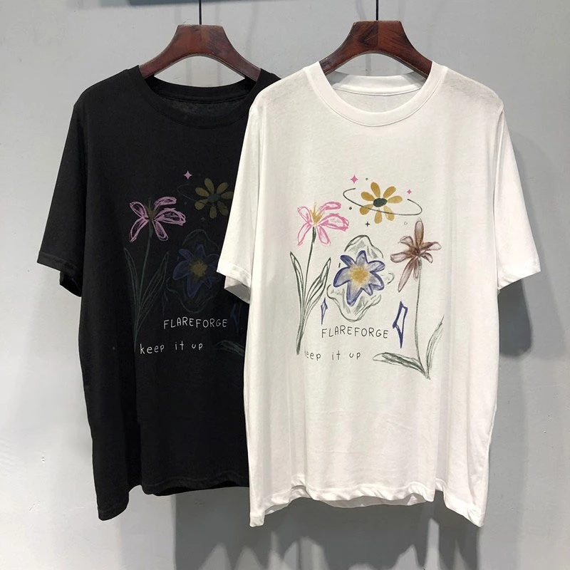 原创设计特大码雪花棉女装短袖t恤夏季新款胖mm印花宽松上衣2