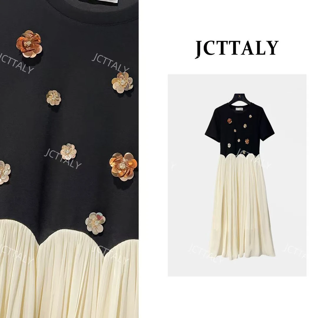 【昕昕I】2025夏装新款优雅繁花拼接撞色连衣裙女JC-A3313