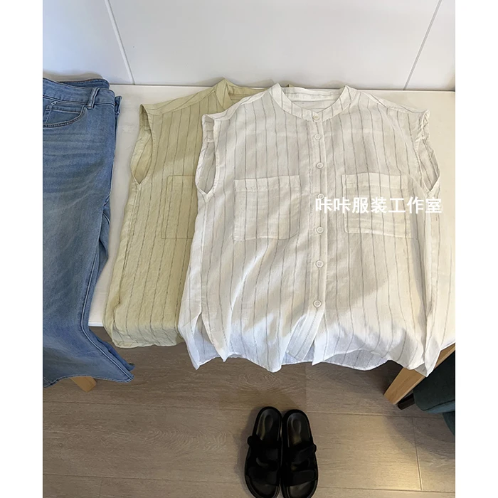 REKAYYAT”周末“亚麻韩系时尚显瘦气轻薄透气细条纹飞飞袖衬衫上衣