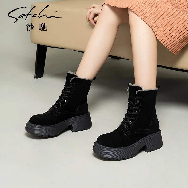 沙驰女鞋厚绒保暖短靴女冬季新款厚底户外工装马丁靴雪地靴