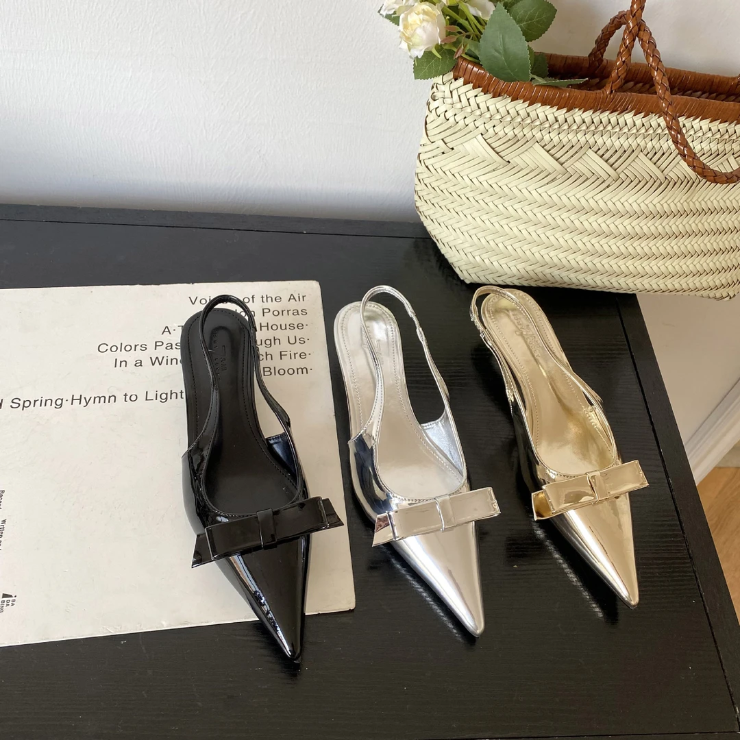 百搭999-5~坡跟法式包头凉鞋仙女鞋子2025年新款气质尖头银色单鞋