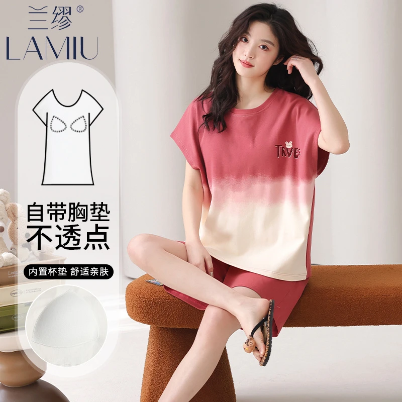 带胸垫一体睡衣女士夏季纯棉短袖薄款夏天卡通可爱宽松家居服套装