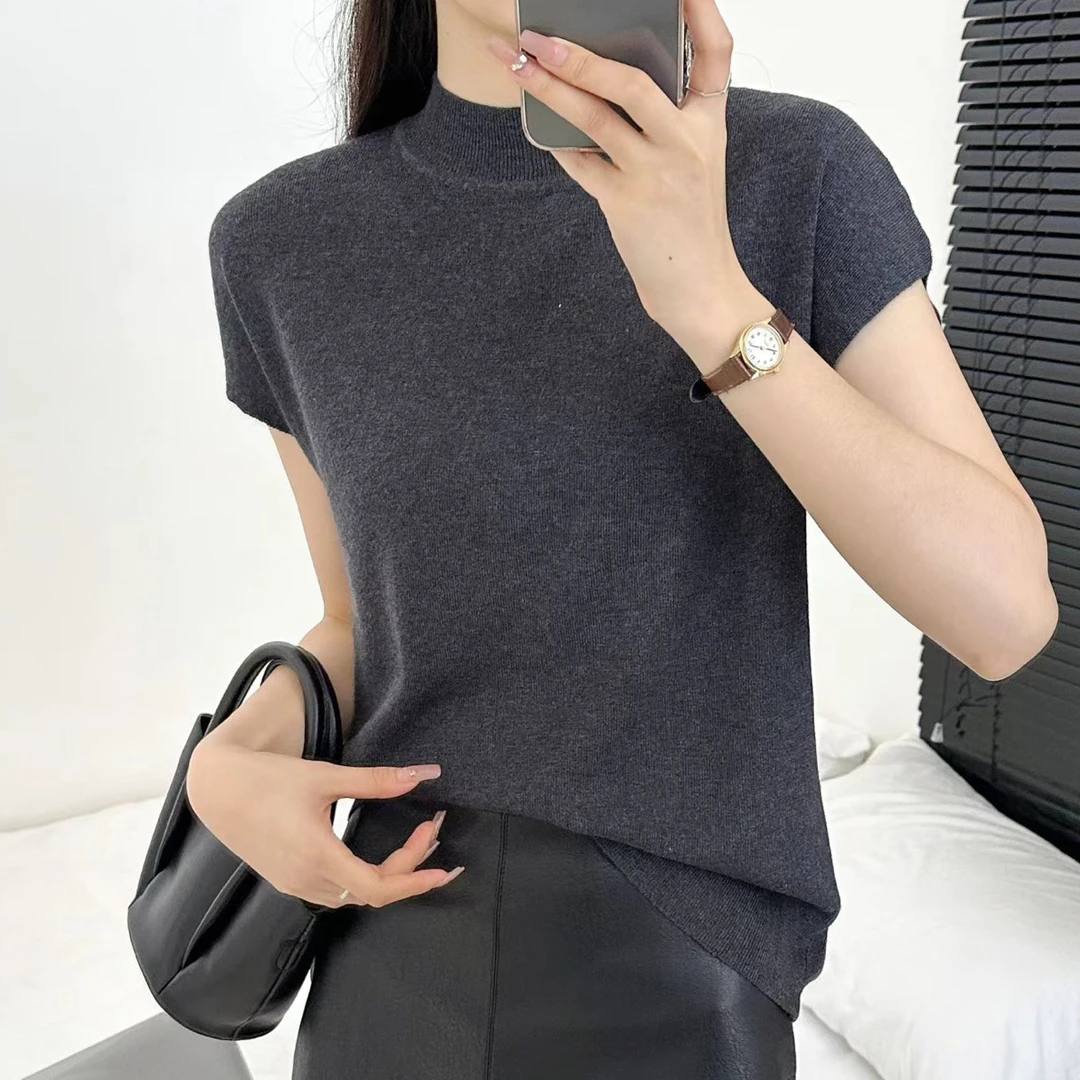乐缘推荐款 早秋法式简约半高领针织衫女后短袖上衣
