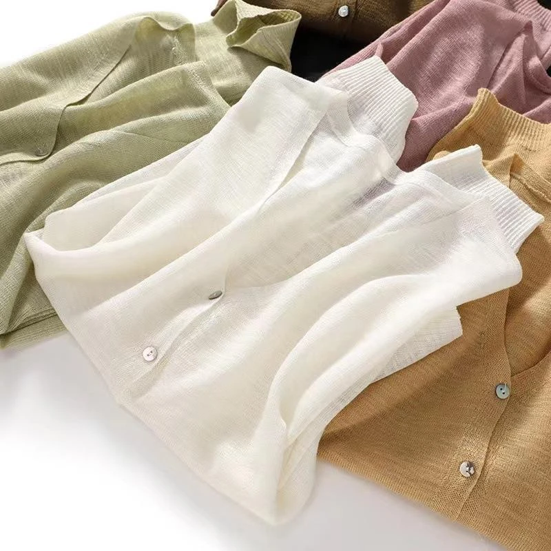 亚麻上衣女夏衣冰丝针织开衫V领薄款长袖仿苎麻外套百搭防晒服外