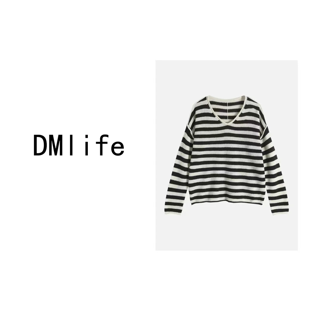 DMlife【裁剪线】V领条纹T恤 / 早秋百搭新款毛针织上衣