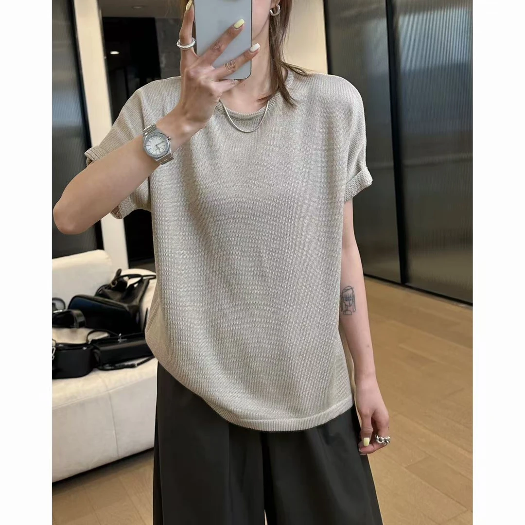 小静静一会【翻边针织上衣】2025夏款纯色显瘦针织衫 2504C2338