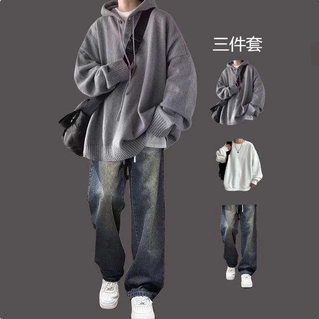 日系连帽毛衣男三件套慵懒风秋冬青少年宽松高级感潮牌针织衫套装