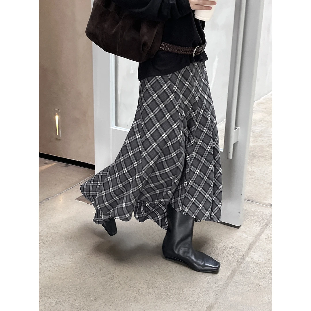 秋冬新款复古磨毛不规则显瘦格子通勤百搭半身裙裙子半裙中长款