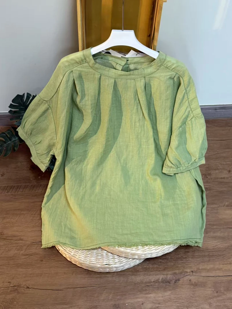 【云目悠悠】夏季女士短袖圆领百搭磨毛底边衬衫-2025688