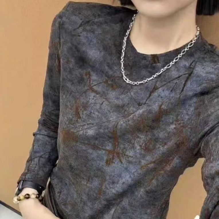 洋气长袖休闲风公主风早秋女士扎染T恤女网红ins宽松