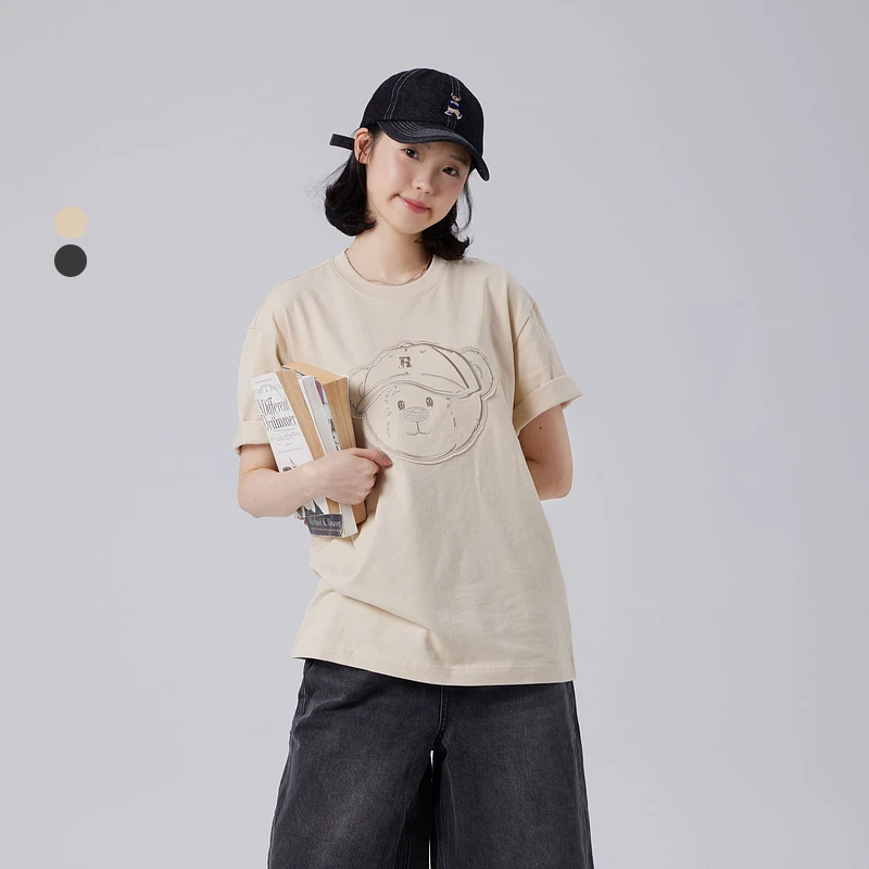 SPAO夏季2025新款可爱学院风小熊刺绣圆领短袖T恤女SPRPF37C90
